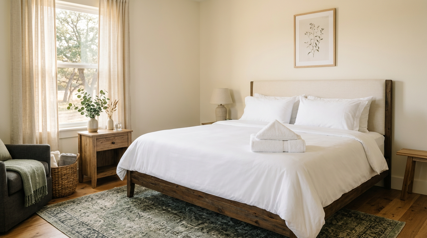Perfectly turned-over short-term rental bedroom with crisp white linens, folded towels, and morning light