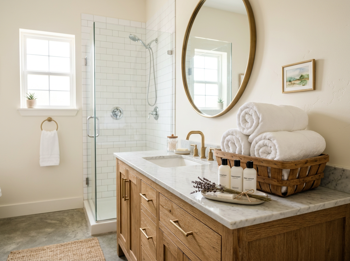 Spotless bathroom with rolled towels in a wooden basket, brass fixtures, and amenity bottles