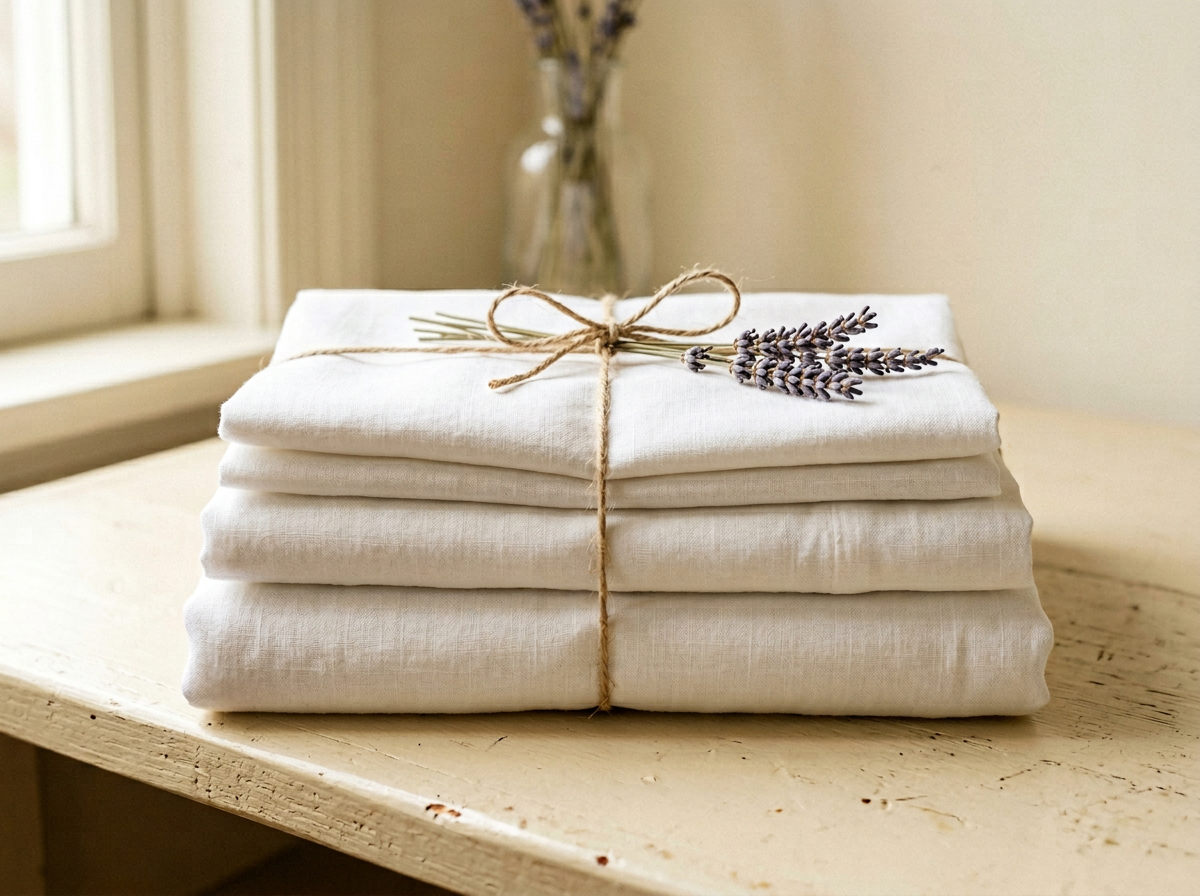 Stack of crisp white folded linen sheets tied with twine and a sprig of lavender
